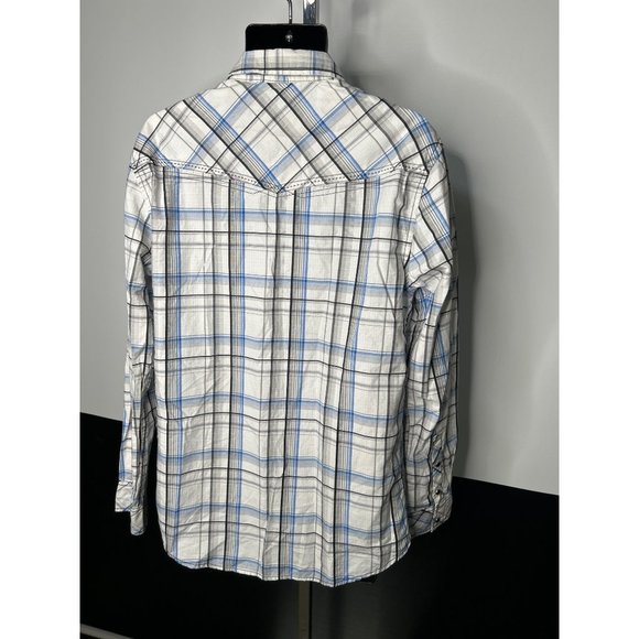 LARGE Buckle BKE Athletic Fit Pearl Snap Button Shirt Long Sleeve White Blue Pla - Picture 4 of 7